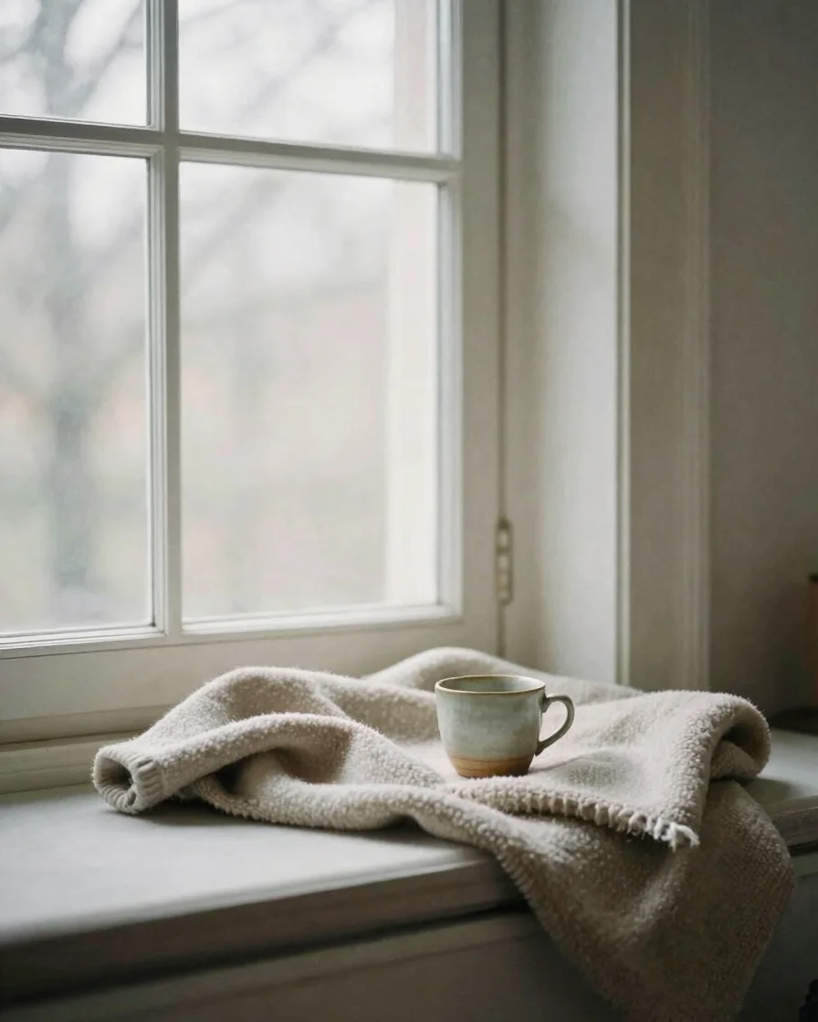 Editorial photograph, soft diffused daylight through a window, a quiet reading nook with a folded wool blanket and a sim