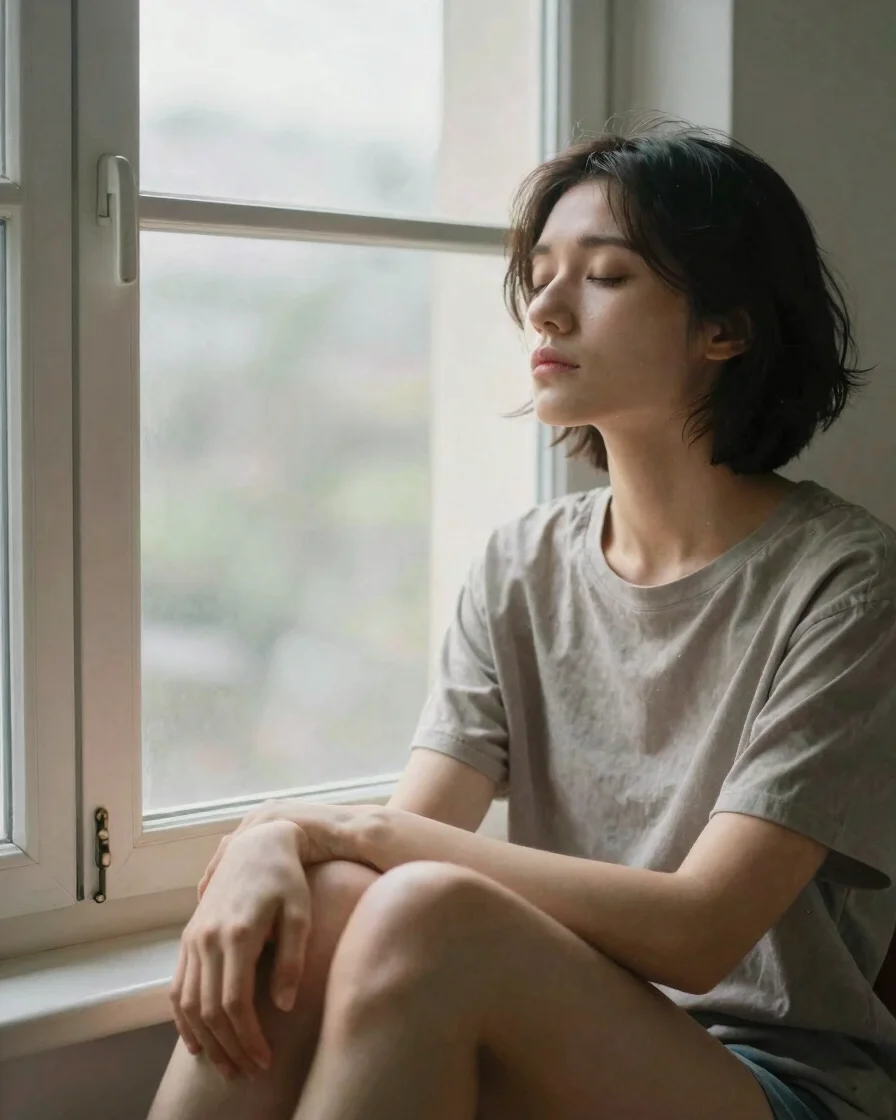 Editorial photograph of a person sitting quietly by a window in s